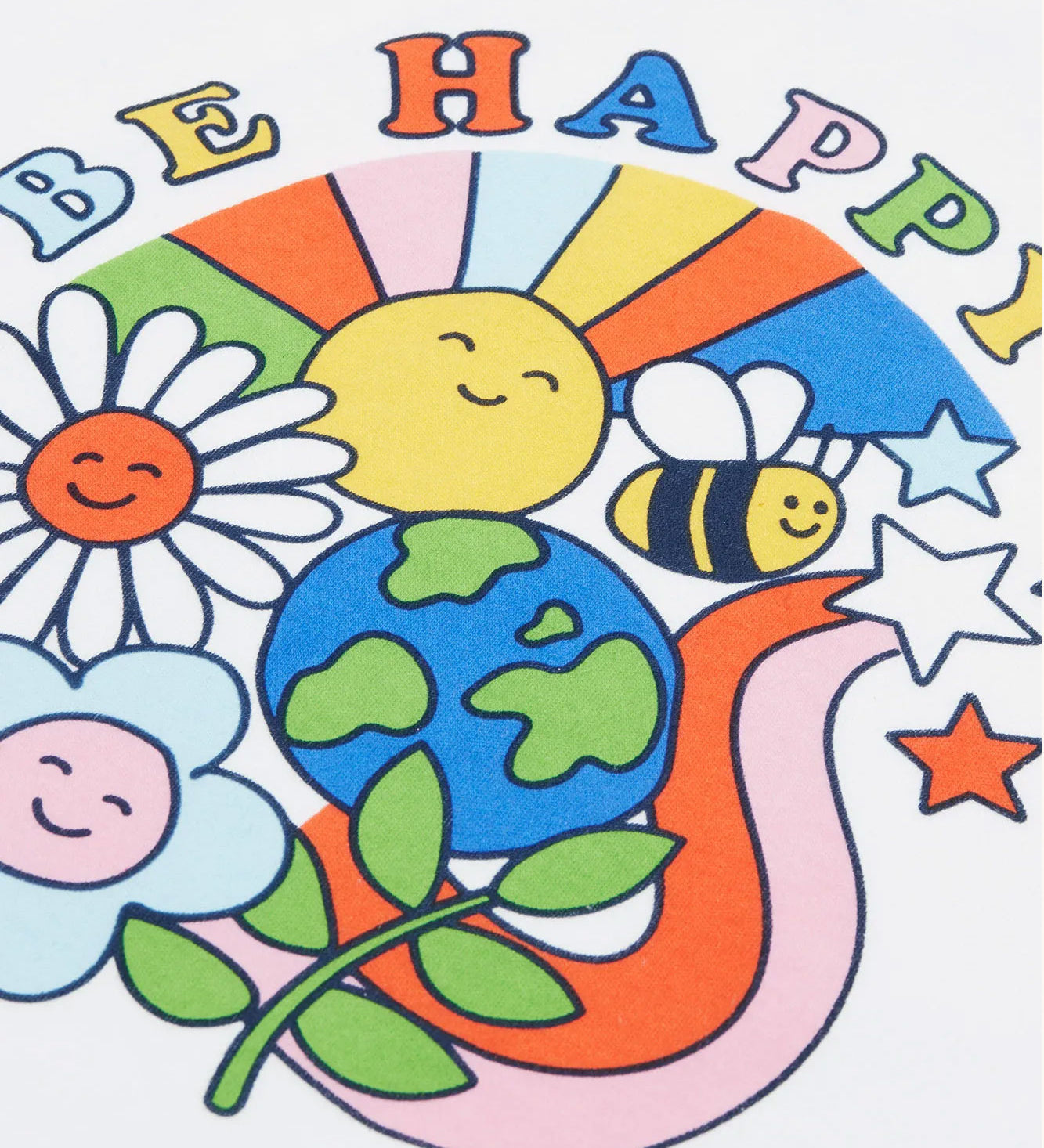 A close up of the graphic design on the Frugi Tamar Raglan Top - White with Be Happy. 