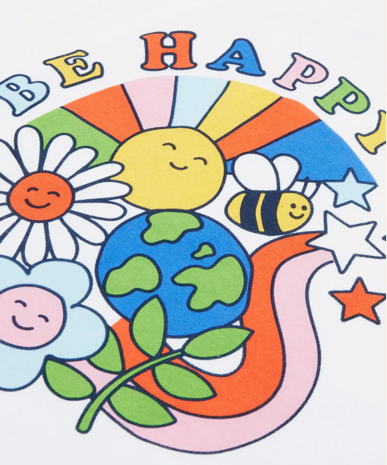 A close up of the graphic design on the Frugi Tamar Raglan Top - White with Be Happy. 