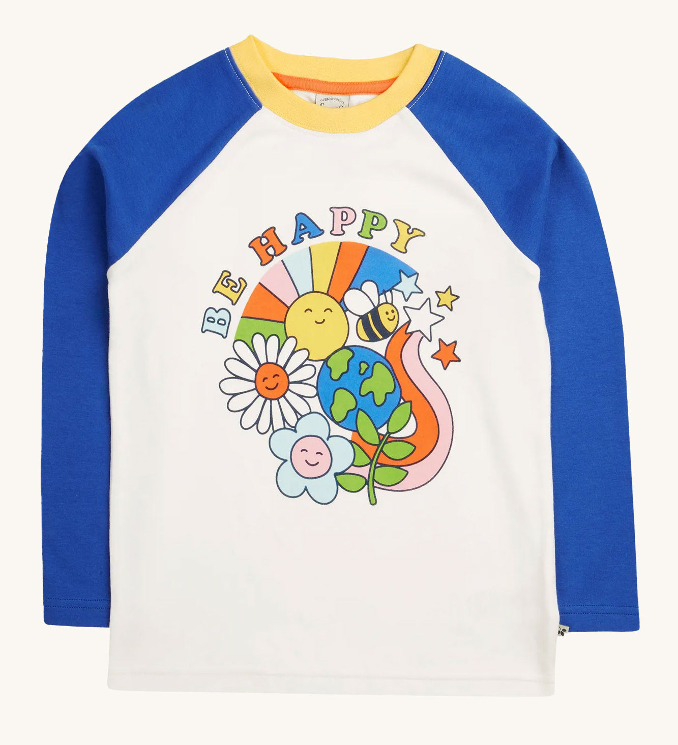 Frugi Tamar Raglan Top - White with Be Happy design pictured on a plain background.