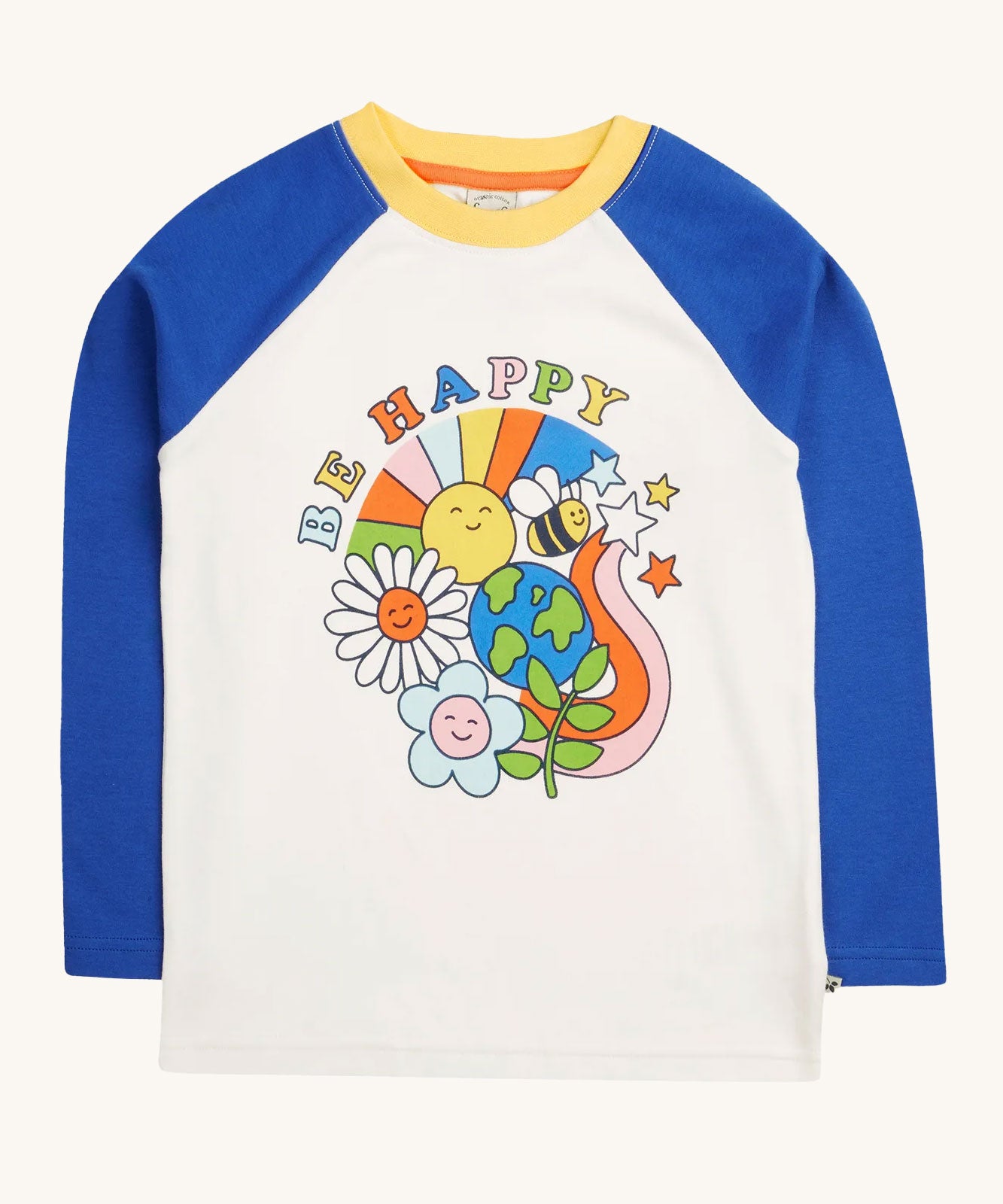 Frugi Tamar Raglan Top - White with Be Happy design pictured on a plain background.