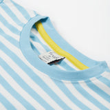 A close up of the Frugi kids bluebird tennis t-shirt. Showing the light blue neck trim with a yellow trim on the inside on white striped organic cotton fabric