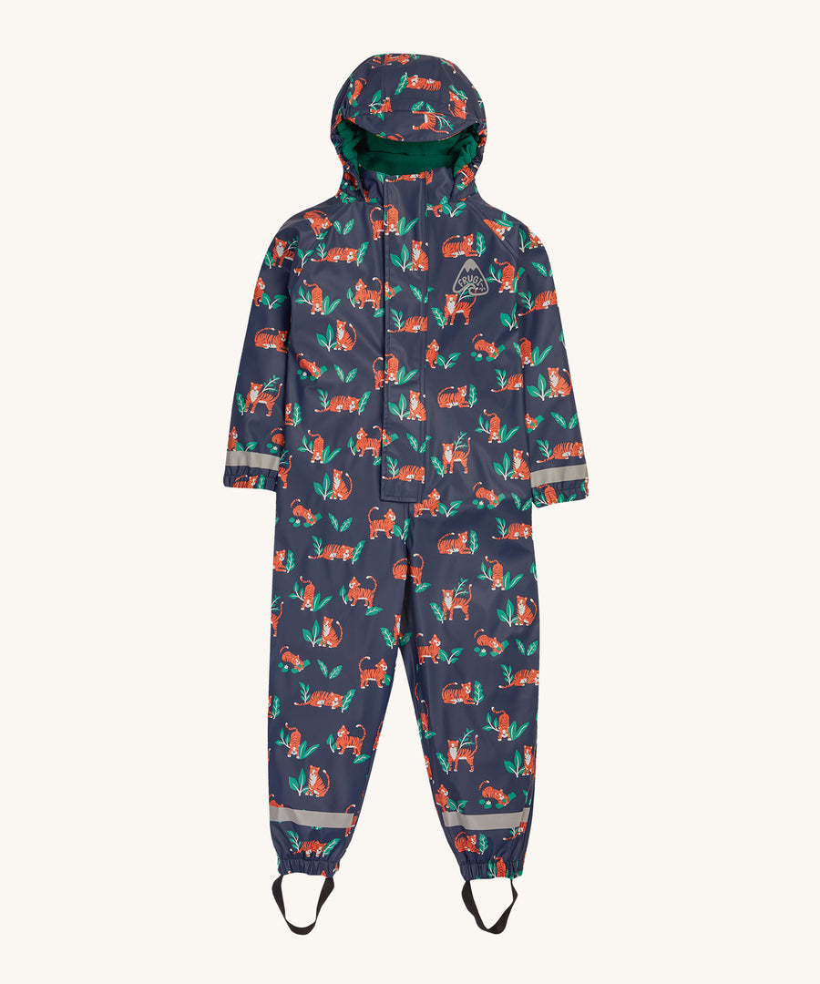 Frugi Children's Puddle Buster All In One - Tiger Time, in Navy blue and colourful orange tiger and green leaf print