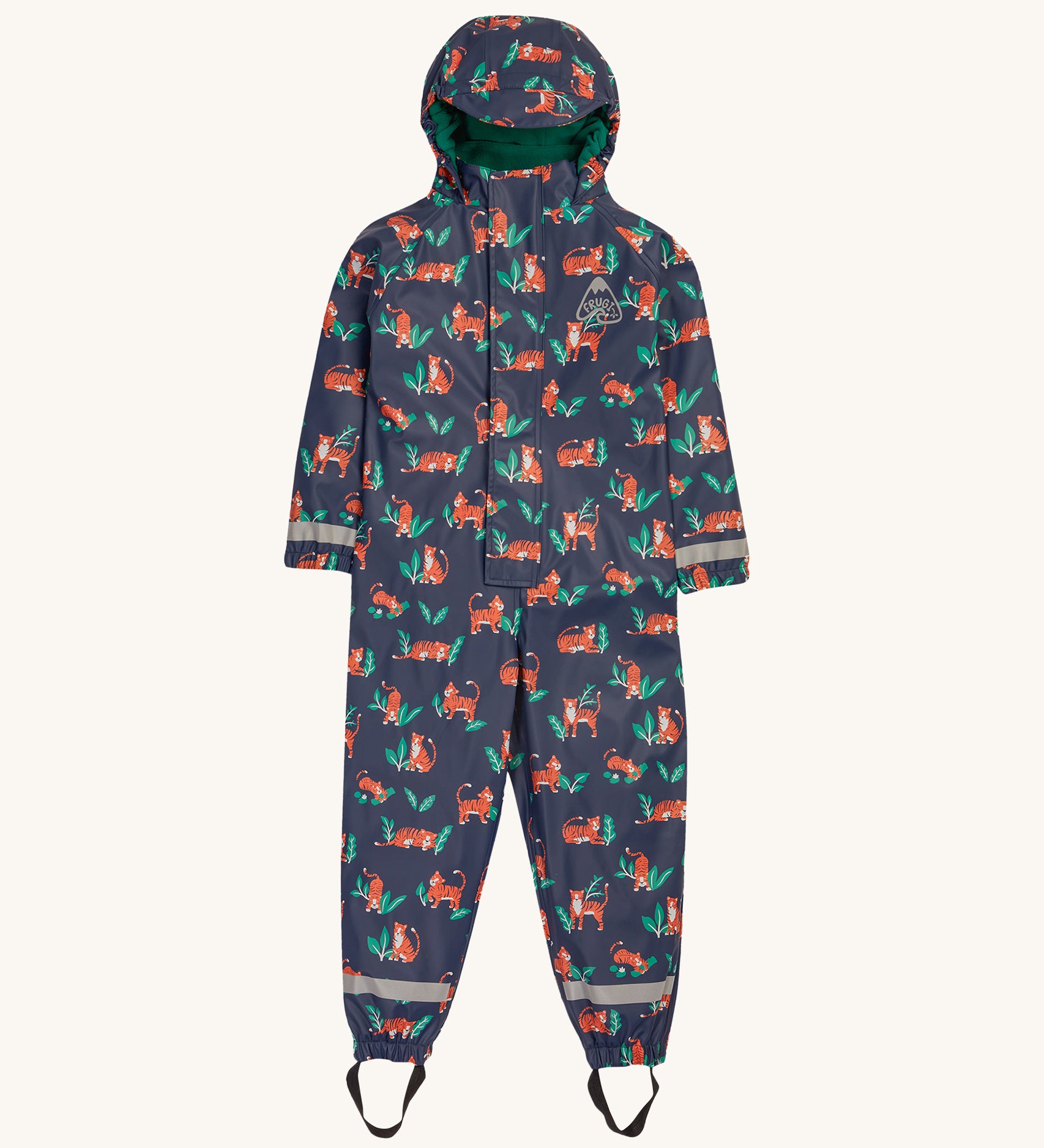 Frugi Children's Puddle Buster All In One - Tiger Time, in Navy blue and colourful orange tiger and green leaf print