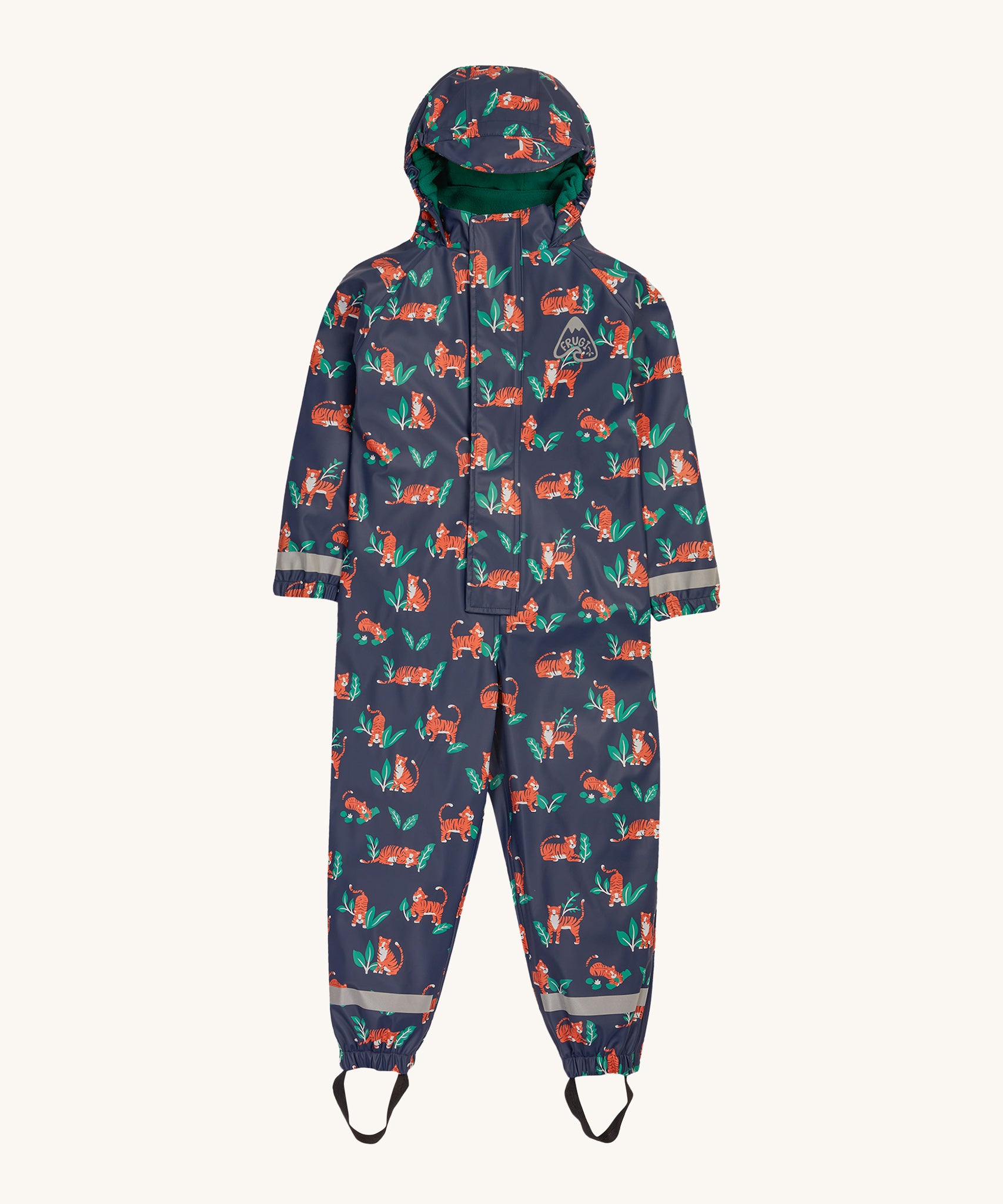 Frugi Children's Puddle Buster All In One - Tiger Time, in Navy blue and colourful orange tiger and green leaf print