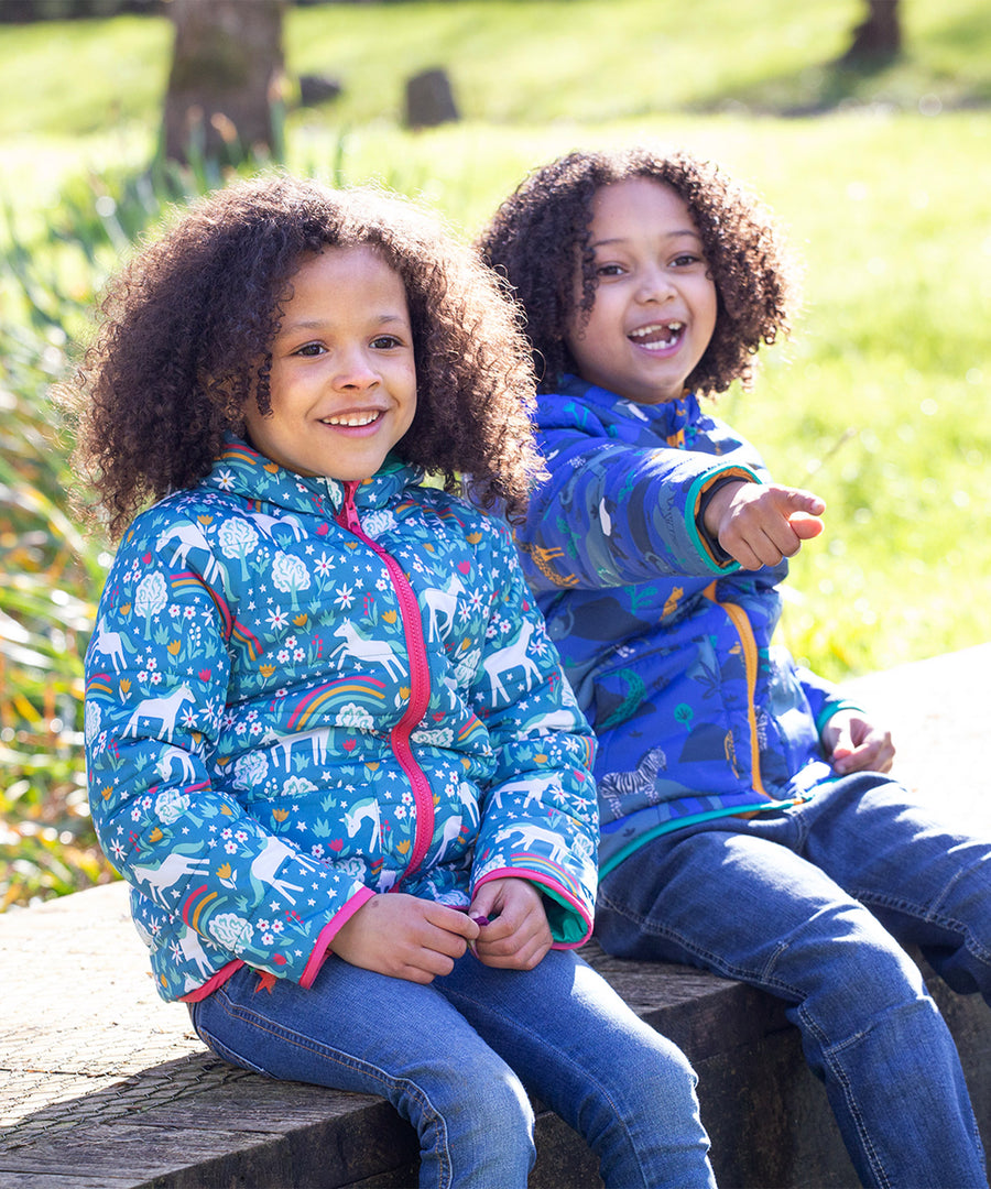 The Yellow side of the Frugi Children's Reversible Toasty Trail Jacket - Safari Camo