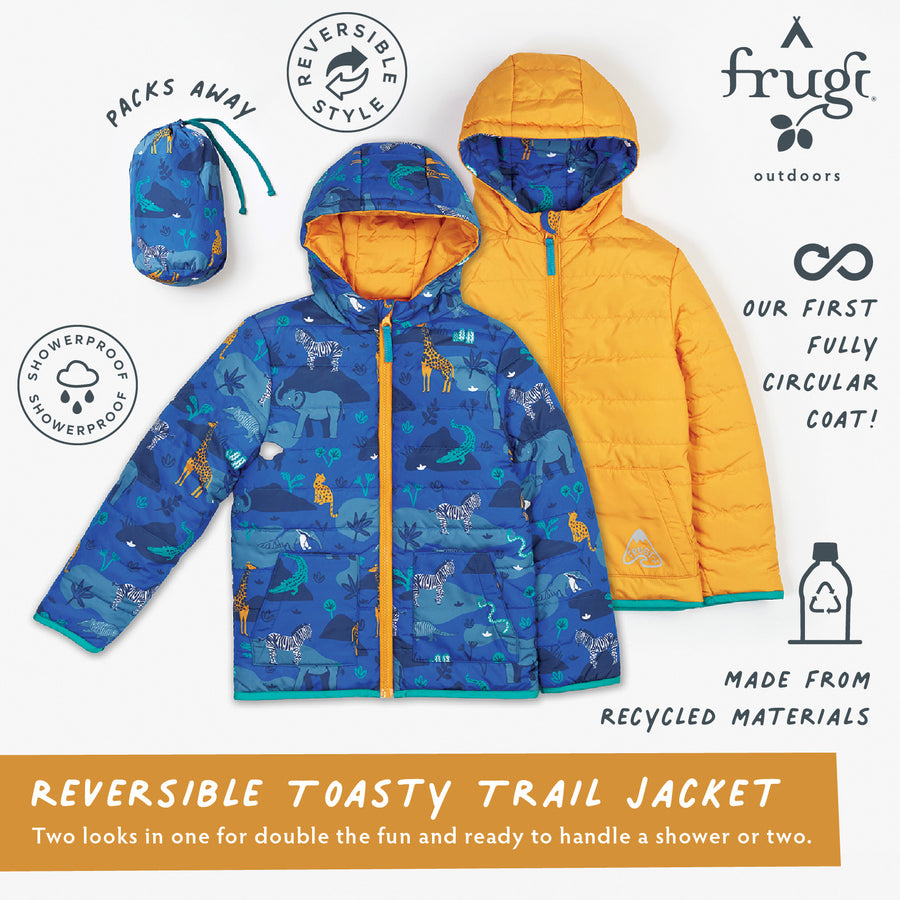  wearing the Frugi Reversible Toasty Trail Jacket - Wild Horses