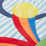 A close up of the Frugi kids bluebird tennis t-shirt. Showing the tennis racket, tennis ball and rainbow appliqué on blue and white striped organic cotton fabric