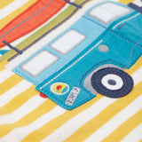 Close up of the Frugi blue camper van appliqué on the Frug kids tshirt. showing the decal detail on the campervan on yellow and white stripe organic cotton fabric