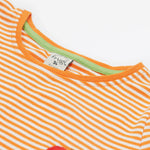 Close up of the Frugi kids lifeboat stripe veg t-shirt. Showing the solid orange neck detail  orange and white stripe organic cotton fabric