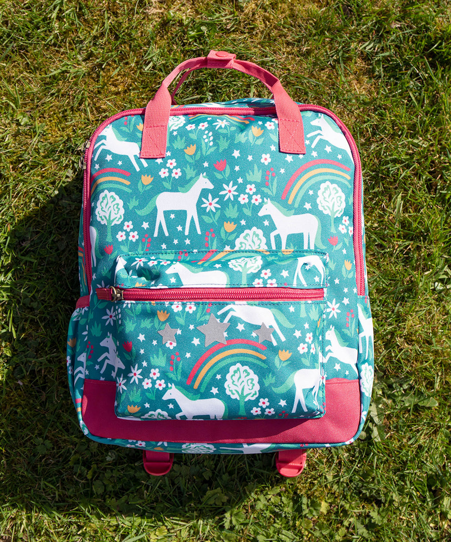 The back of the Frugi Explorers Backpack - Wild Horses showing the adjustable shoulder and chest straps