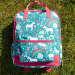 The back of the Frugi Explorers Backpack - Wild Horses showing the adjustable shoulder and chest straps