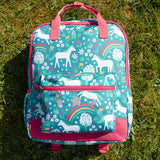 The back of the Frugi Explorers Backpack - Wild Horses showing the adjustable shoulder and chest straps