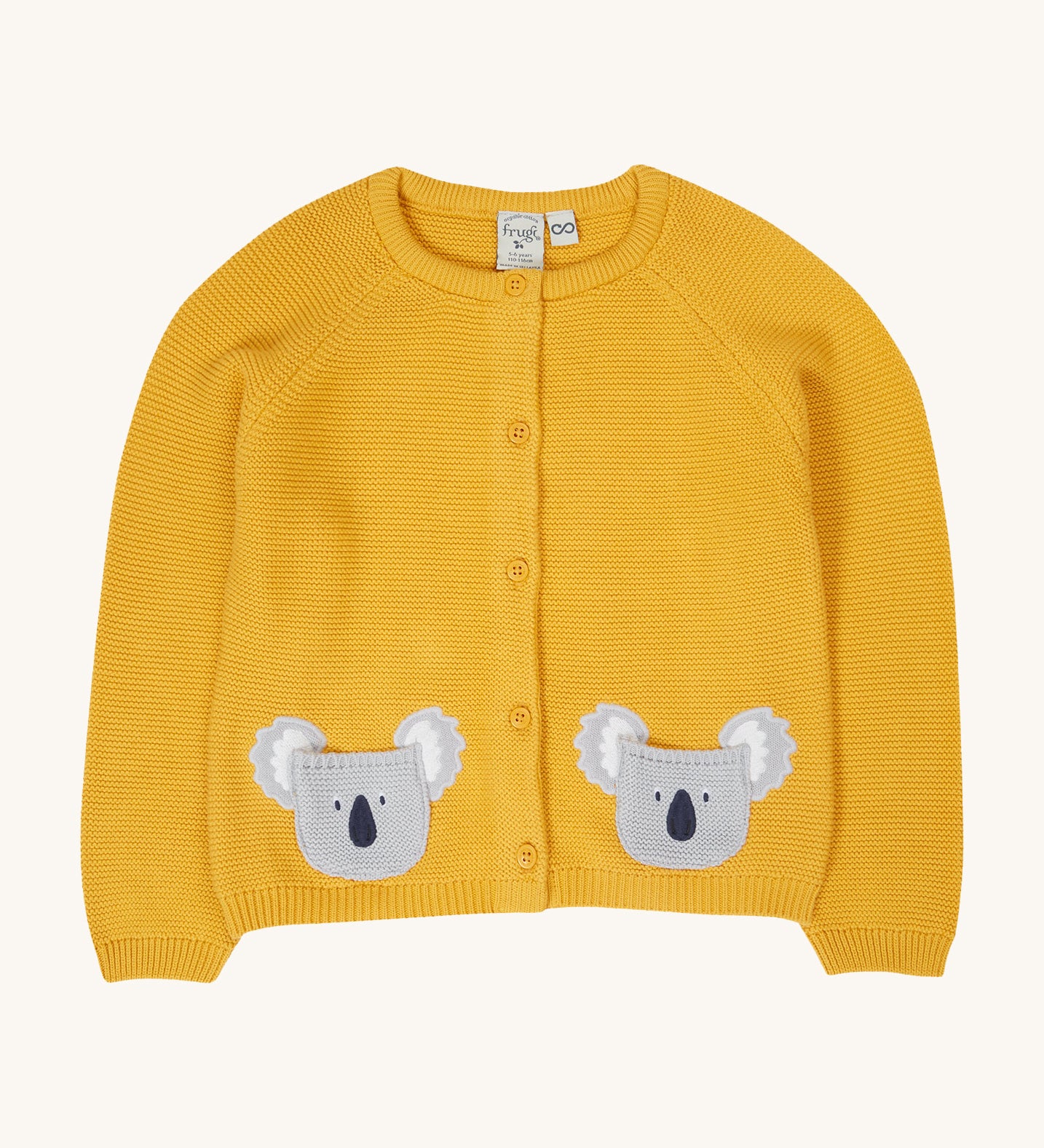 Frugi kids yellow koala buttoned cardigan - GOTS organic cotton knit kids cardigan with cotton knitted grey koalas as pockets on the front 