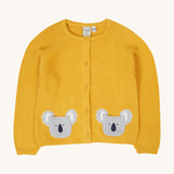 Frugi kids yellow koala buttoned cardigan - GOTS organic cotton knit kids cardigan with cotton knitted grey koalas as pockets on the front 