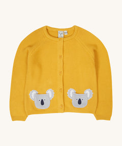 Frugi kids yellow koala buttoned cardigan - GOTS organic cotton knit kids cardigan with cotton knitted grey koalas as pockets on the front 