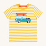 Frugi kids sid t-shirt - GOTS organic cotton kids short sleeve t-shirt in yellow and white stripe with a blue campervan appliqué on the front