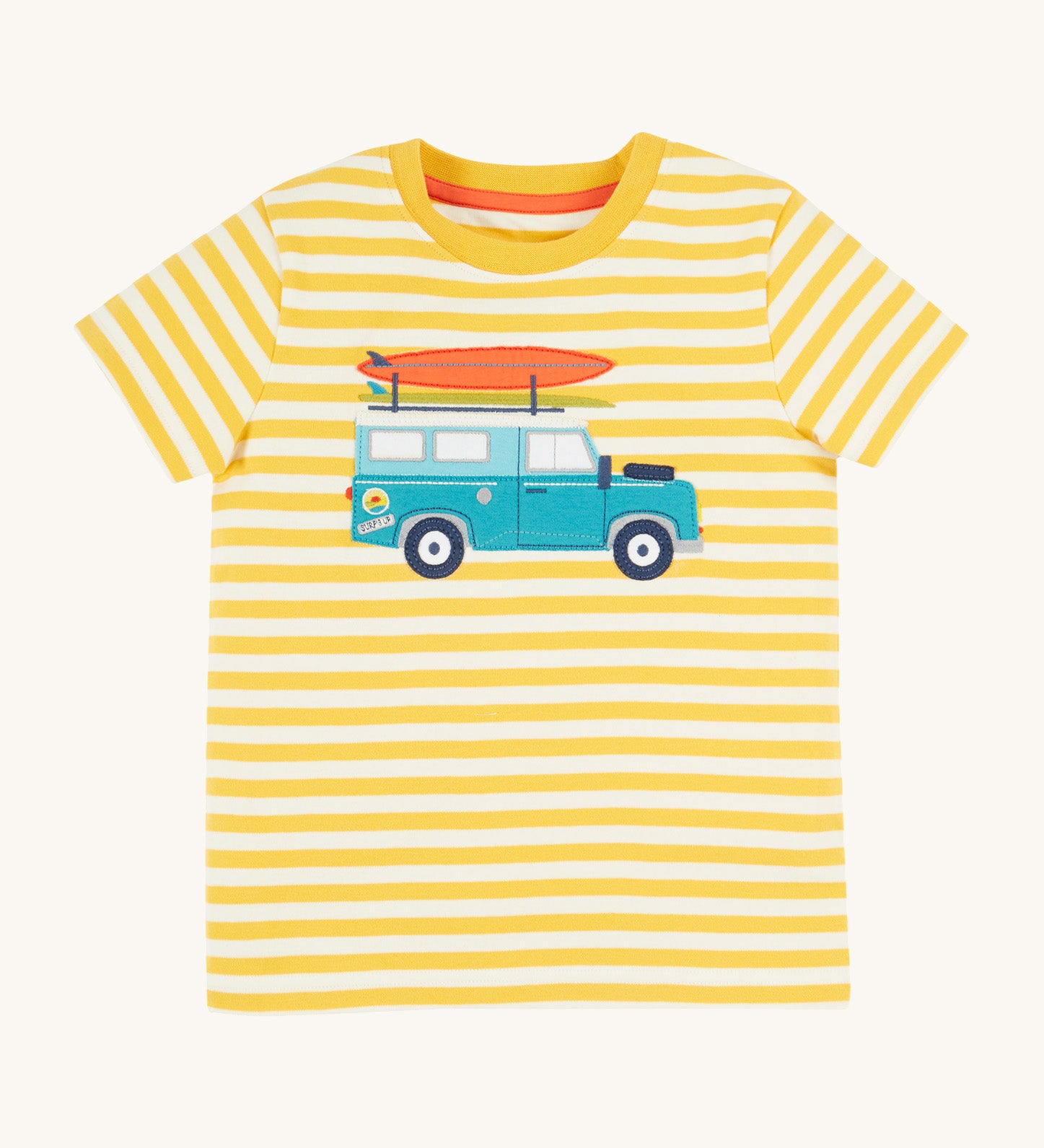 Frugi kids sid t-shirt - GOTS organic cotton kids short sleeve t-shirt in yellow and white stripe with a blue campervan appliqué on the front