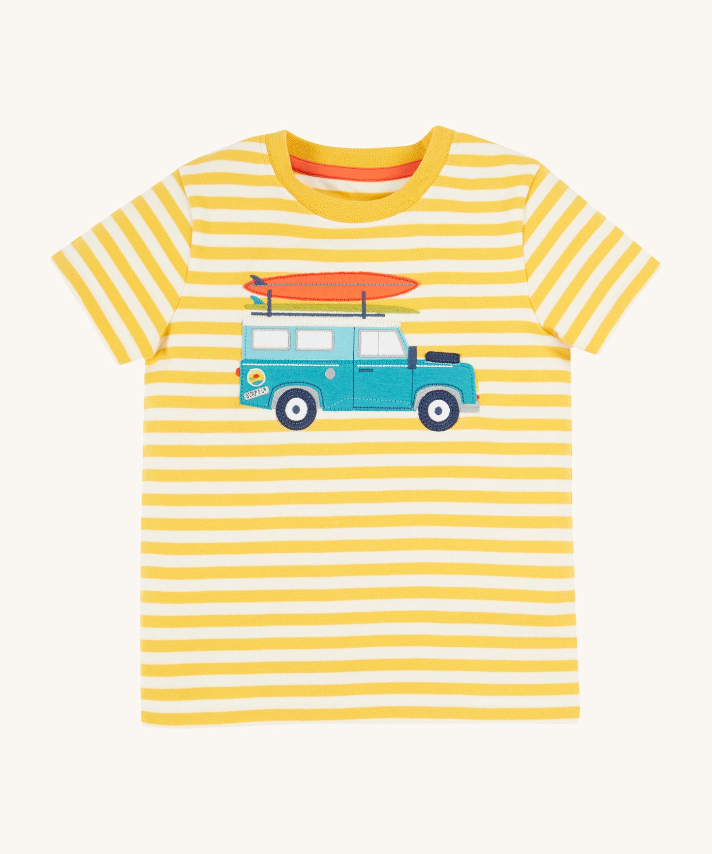 Frugi kids sid t-shirt - GOTS organic cotton kids short sleeve t-shirt in yellow and white stripe with a blue campervan appliqué on the front