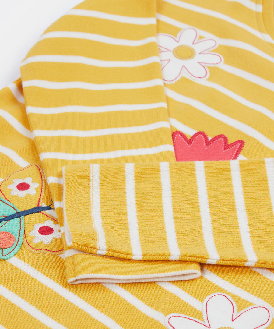 frugi top sleeve detail, yellow breton stripes