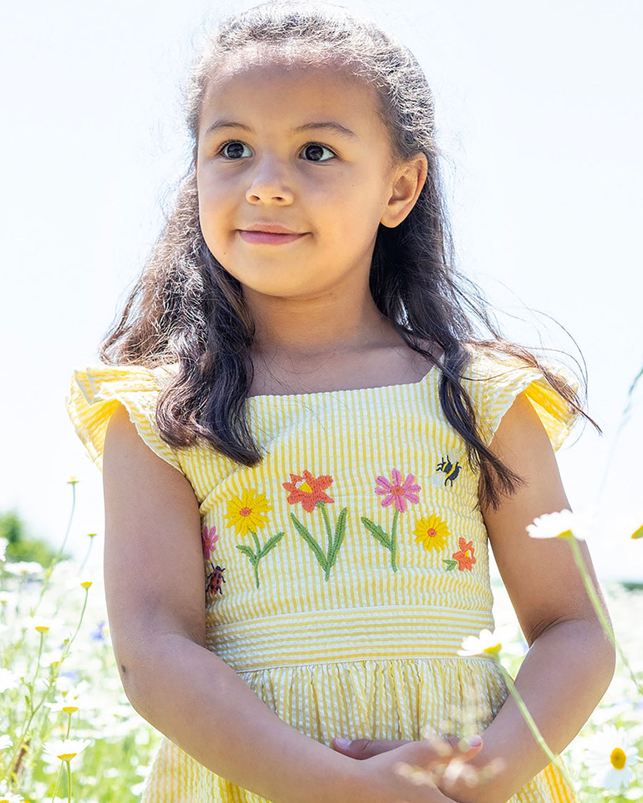  yellow and white striped short sleeve dress with adjustable ruffle straps