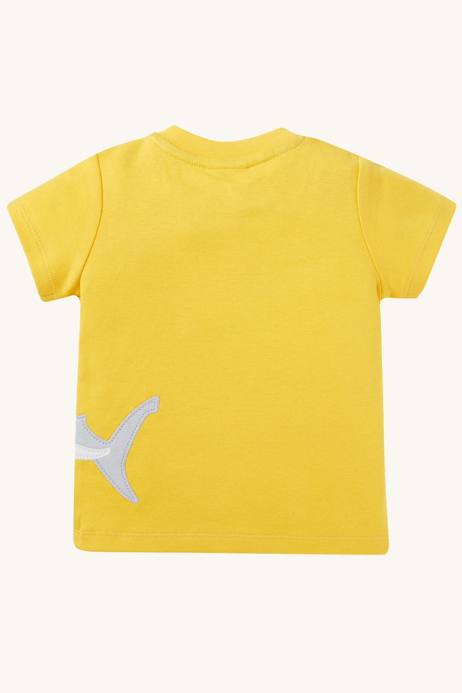  a fun Hammerhead Shark applique design and colourful fish on a sunny yellow fabric. T-shirt is on a cream background