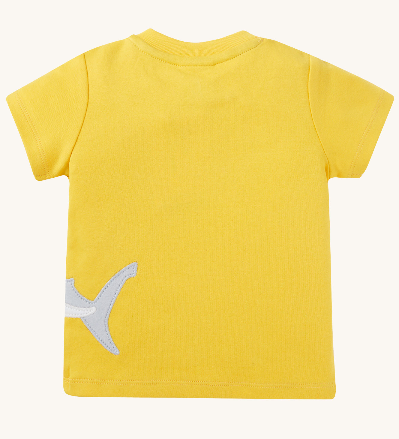  a fun Hammerhead Shark applique design and colourful fish on a sunny yellow fabric. T-shirt is on a cream background