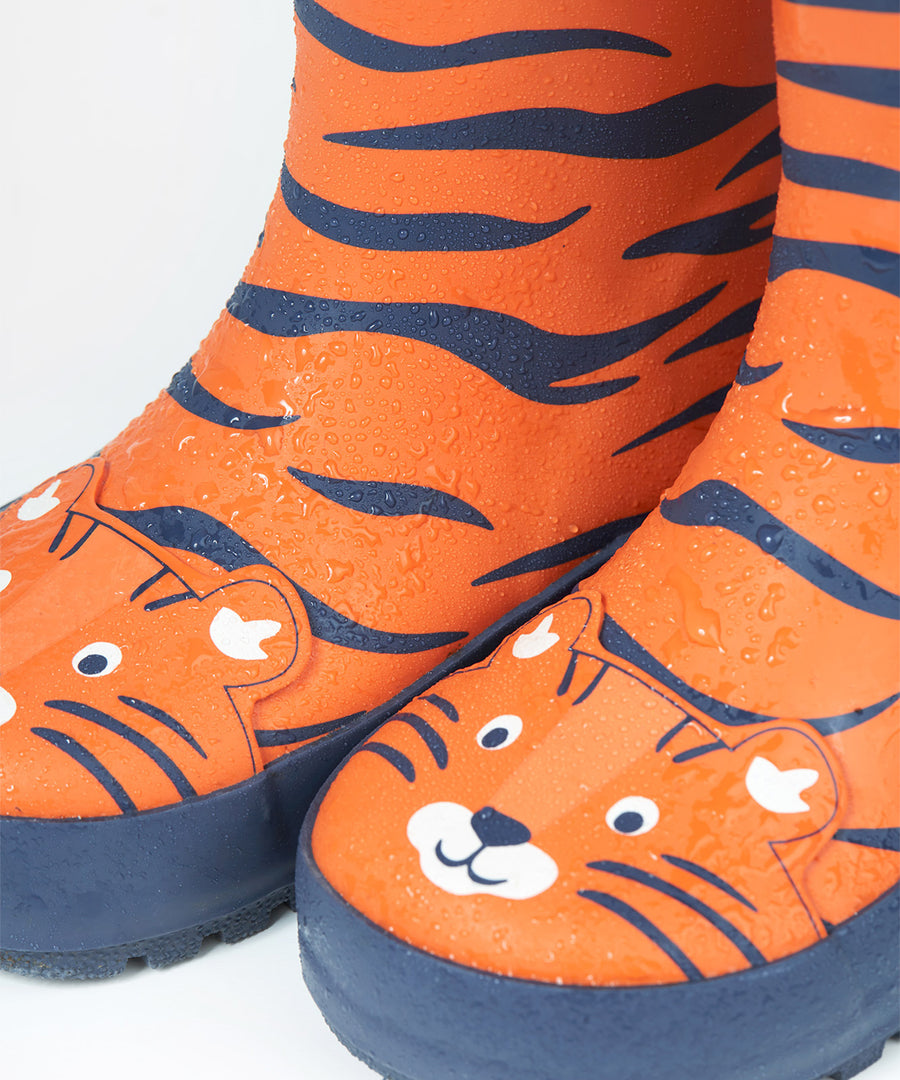 A closer look of the The Frugi Children's Puddle Buster Wellington Boots - Salamander/Tiger under the Puddle Buster Trousers