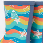 A closer view of the The Frugi Children's Puddle Buster Wellington Boots - Wavy Stars covered in water drops