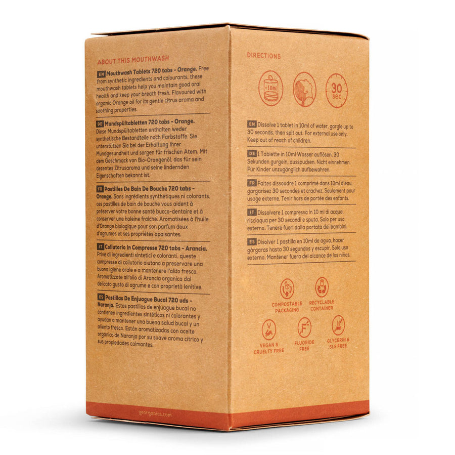 Close up of the cardboard packaging for the Georganics flouride-free orange flavour mouthwash tablets on a white background