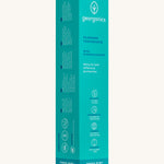 Side view of the Georganics fresh mint hydroxyapatite toothpaste cardboard packaging, a light green box with white and blue text showing the instructions and features.