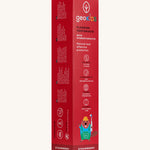 Side view of the Georganics strawberry hydroxyapatite toothpaste cardboard packaging, a red box with white text showing the instructions and features.