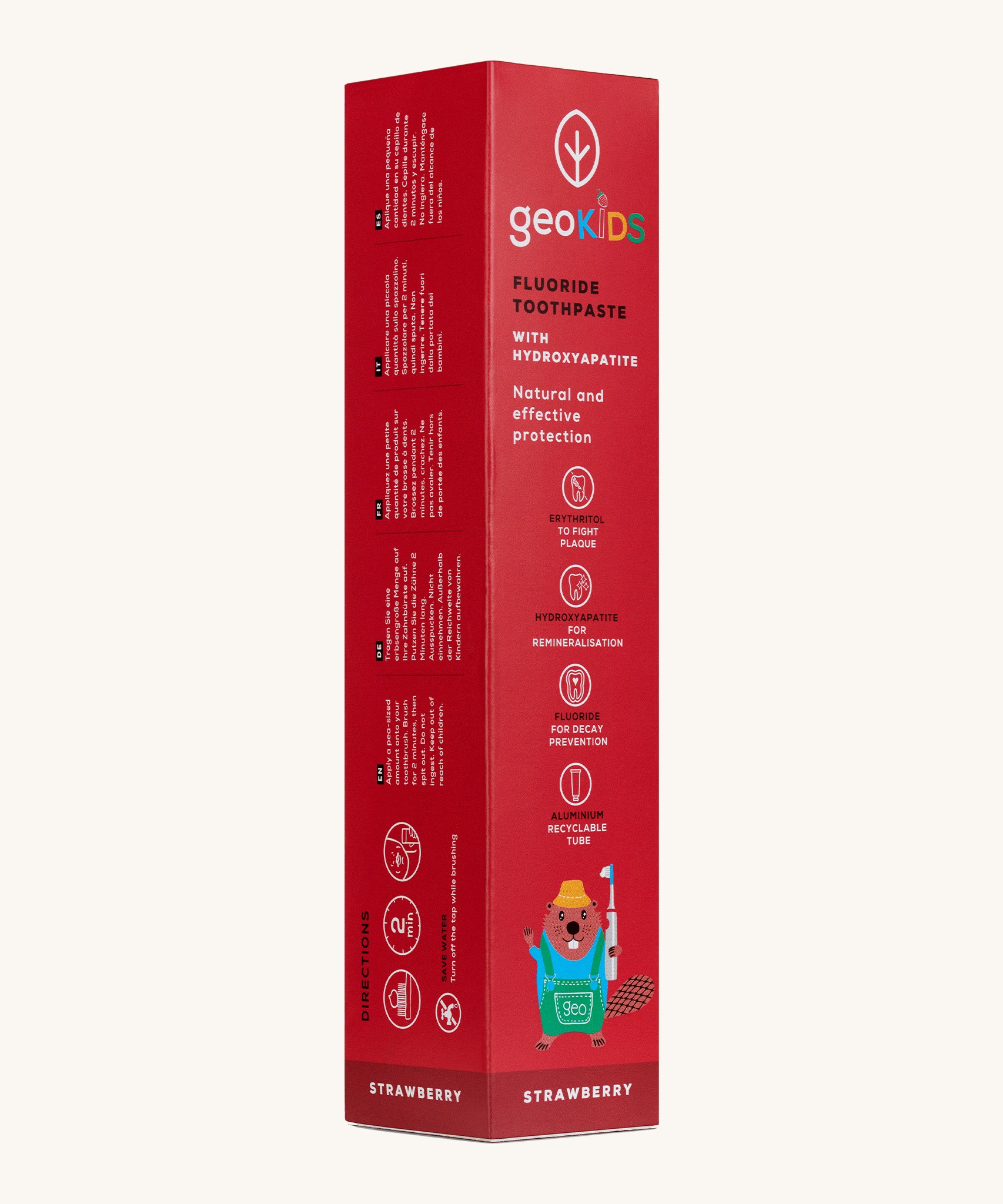 Side view of the Georganics strawberry hydroxyapatite toothpaste cardboard packaging, a red box with white text showing the instructions and features.