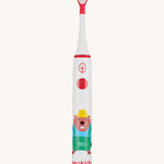 Front view of the Georganics kids sonic toothbrush. White with red detail and a playful beaver design on the handle. 