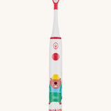 Front view of the Georganics kids sonic toothbrush. White with red detail and a playful beaver design on the handle. 