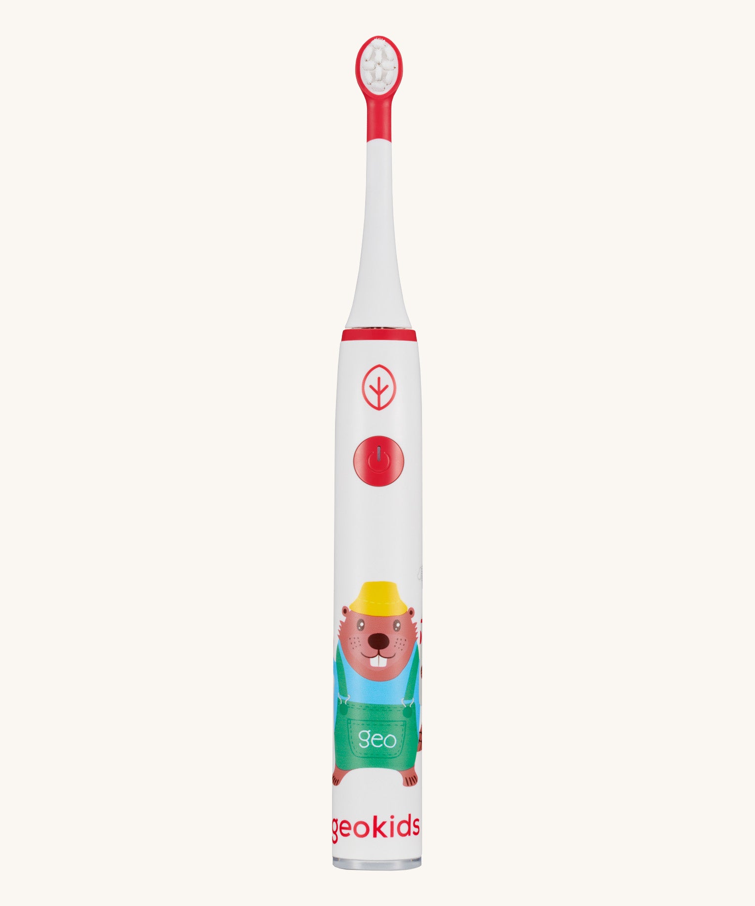 Front view of the Georganics kids sonic toothbrush. White with red detail and a playful beaver design on the handle. 