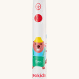 Close up view of the Georganics sonic kids toothbrush. White with red detail and a playful beaver design.