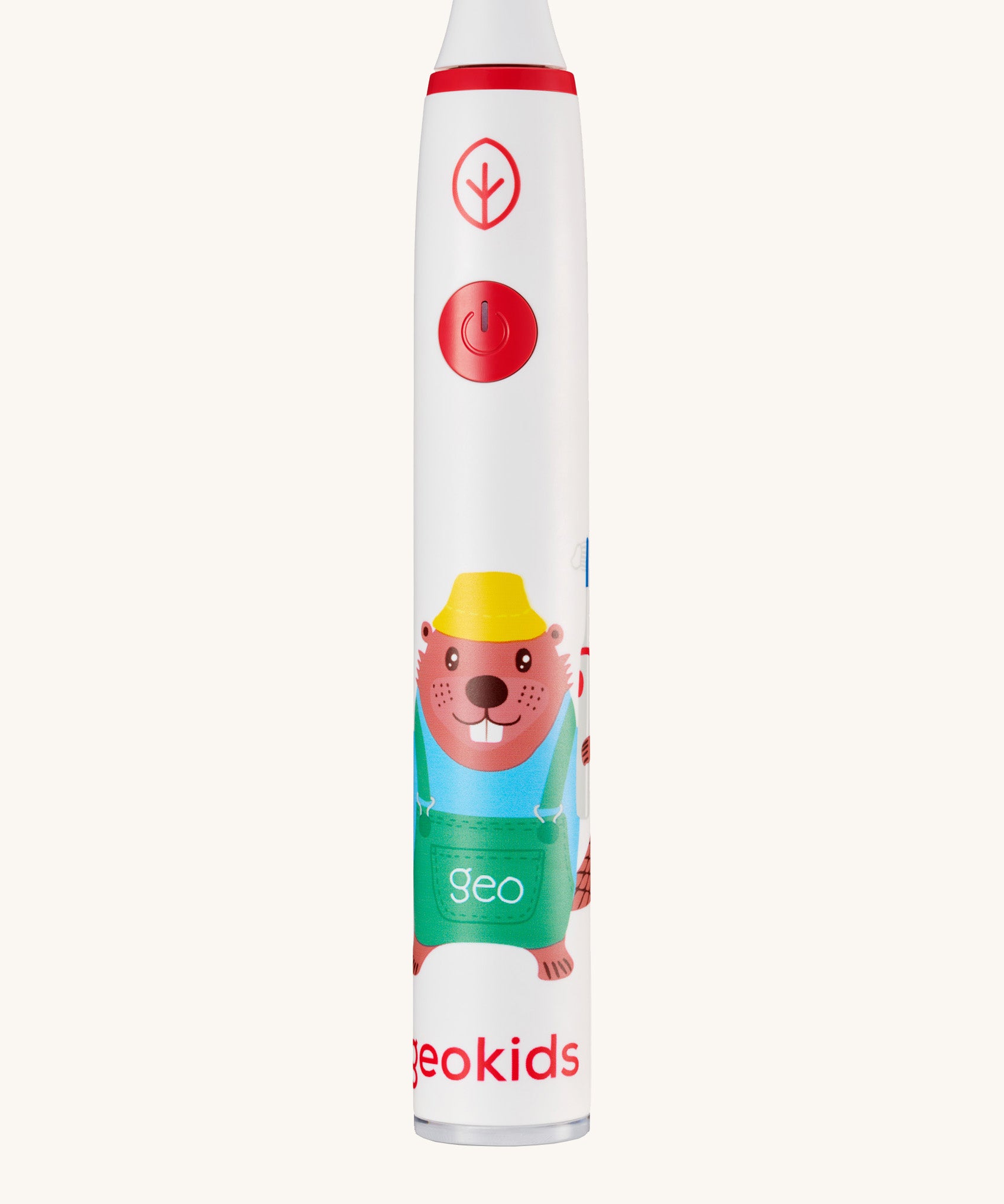 Close up view of the Georganics sonic kids toothbrush. White with red detail and a playful beaver design.