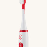 Close up view of the Georganics sonic kids toothbrush. White with red detail 