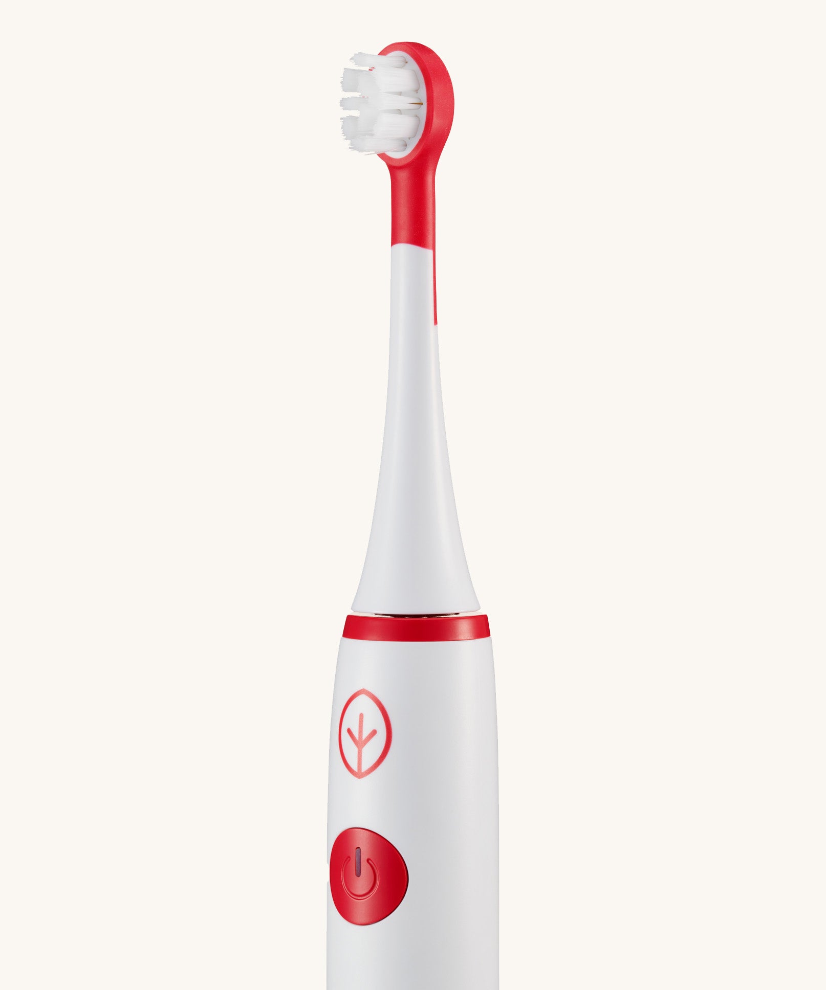 Close up view of the Georganics sonic kids toothbrush. White with red detail 