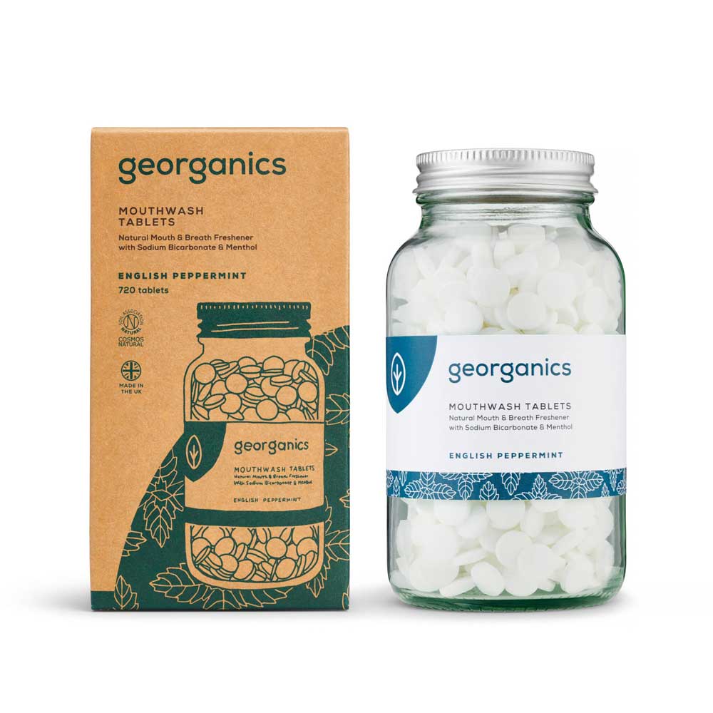 Georganics Mouthwash Tablets Peppermint 180 tablets box and pot pictured on plain white background