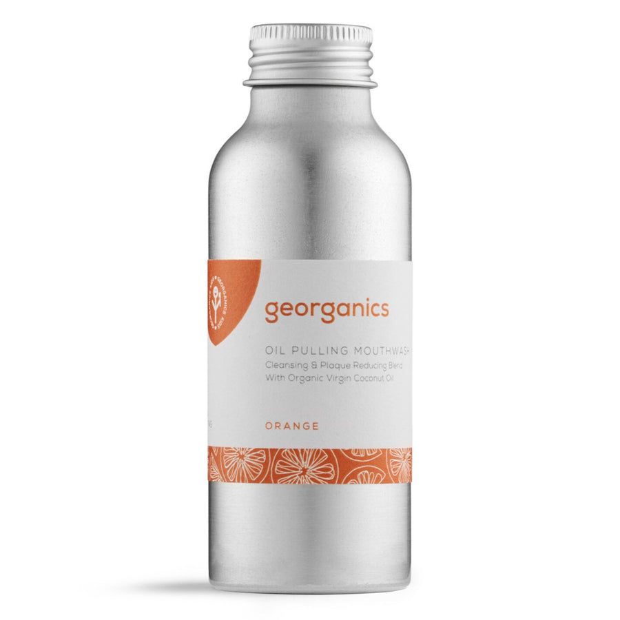 100ml plastic-free stainless steel bottle of Georganics orange flavoured oil pulling mouthwash on a white background