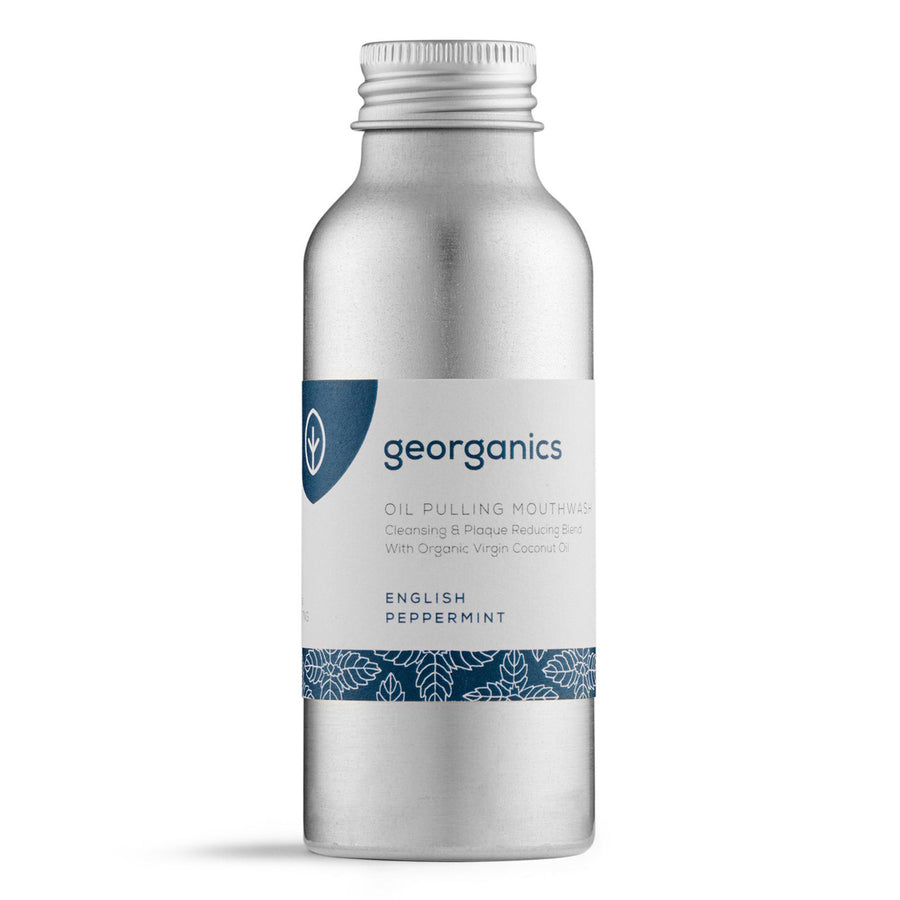 100ml plastic-free stainless steel bottle of Georganics oil pulling peppermint mouthwash on a white background