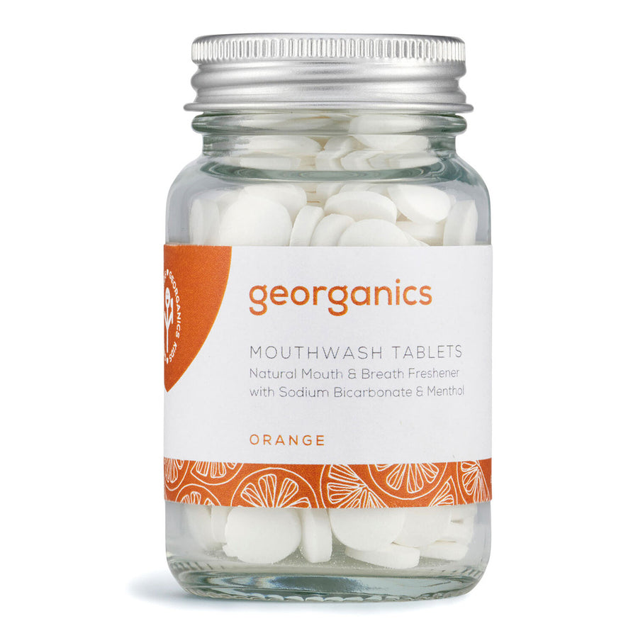 Jar of 180 Georganics orange flavour mouthwash tablets on a white background