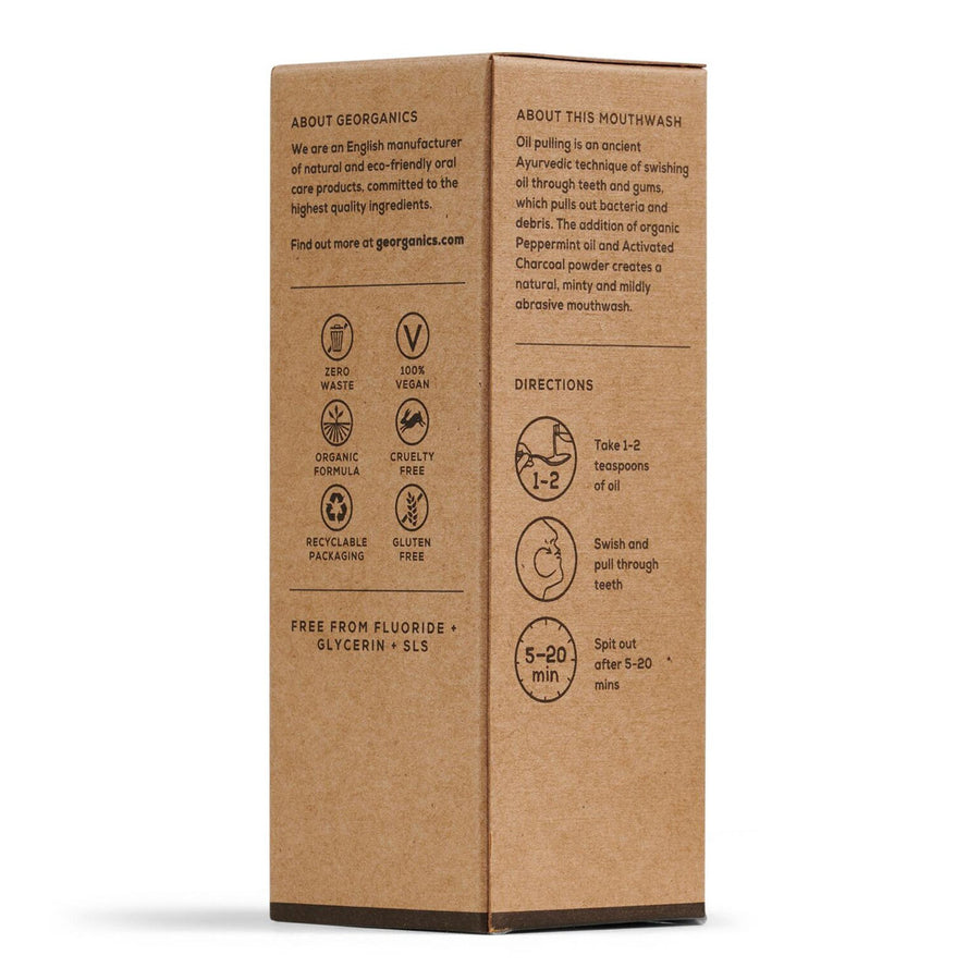 Back of the cardboard box for the Georganics organic charcoal mouthwash on a white background