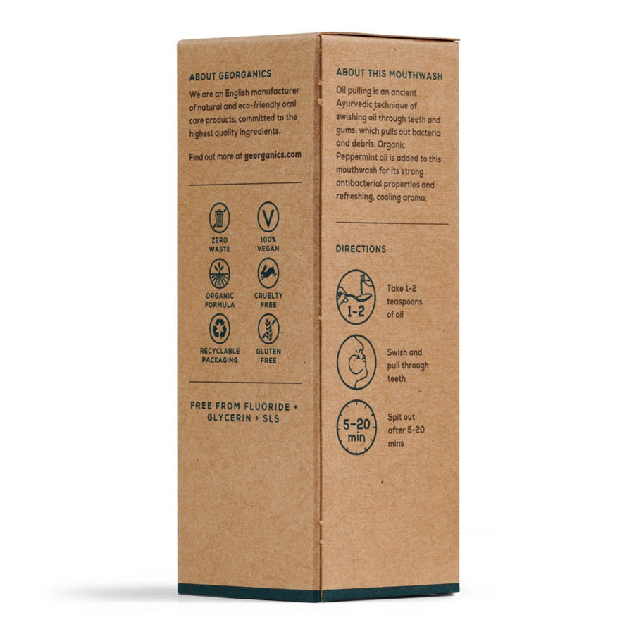 Back of the cardboard box for the Georganics organic peppermint mouthwash on a white background