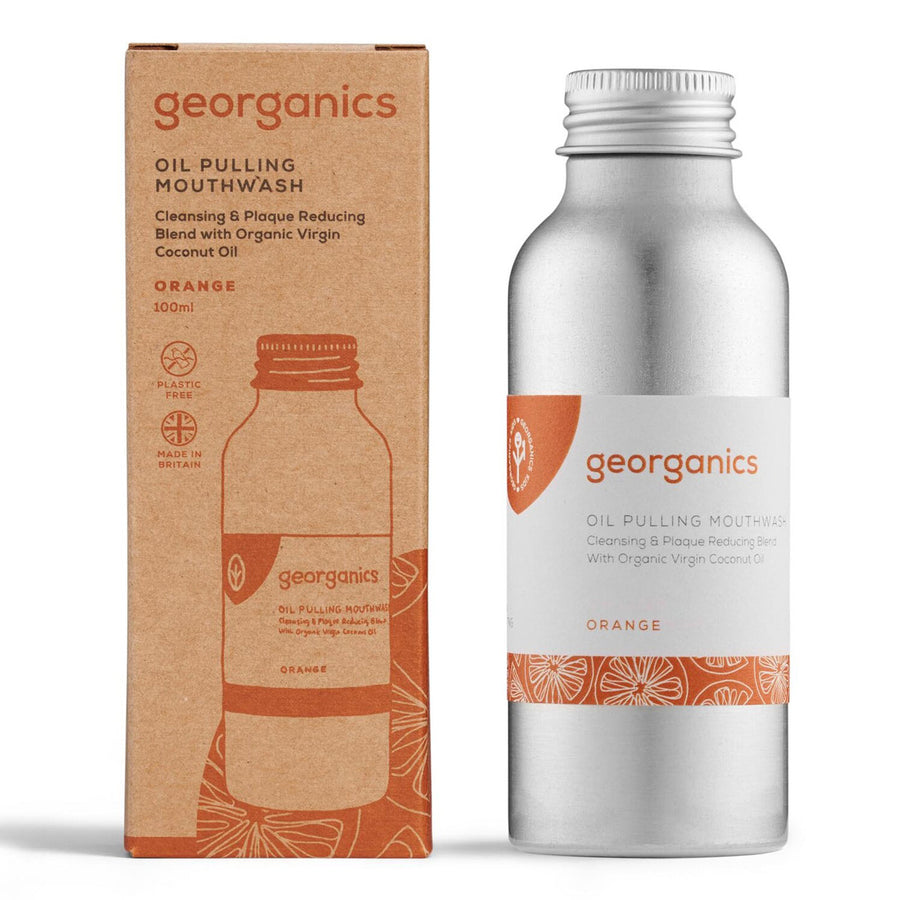 Georganics Vegan-friendly orange flavoured mouthwash on a white background next to its cardboard box