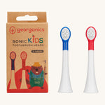 Georganics kids sonic toothbrush replacement heads for the sonic toothbrush. One with blue detail and another with red detail