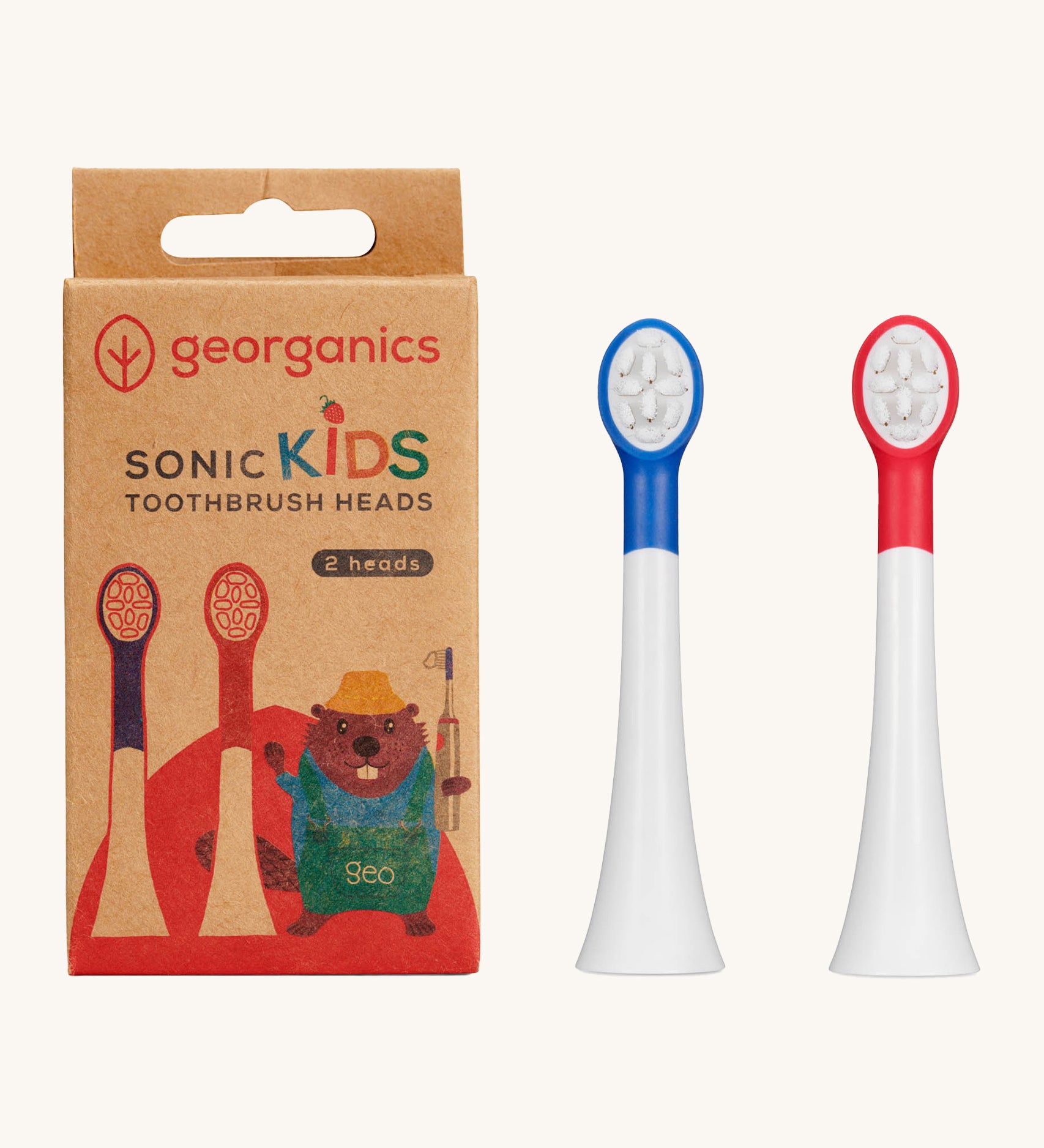 Georganics kids sonic toothbrush replacement heads for the sonic toothbrush. One with blue detail and another with red detail