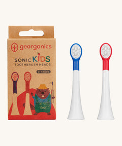 Georganics kids sonic toothbrush replacement heads for the sonic toothbrush. One with blue detail and another with red detail