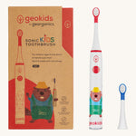 Georganics sonic kids toothbrush set. Including a white with red detail electric toothbrush with playful beaver design a replacement head with blue detail